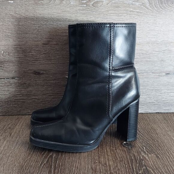 Vintage 90s George Black Square Toe Heel Platform Boot 5 - Picture 4 of 11